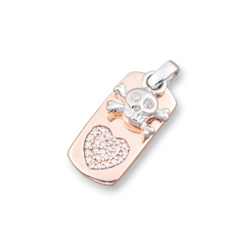 925 Silver Pendants Rose Gold Heart Medal With Pirate Skull Pendant And Zircons 10x25mm