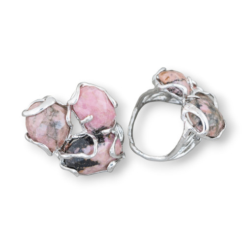 Bronze Ring With Semi-precious Stones 32x36mm Adjustable Size Rhodium Plated MOD107 Rhodonite