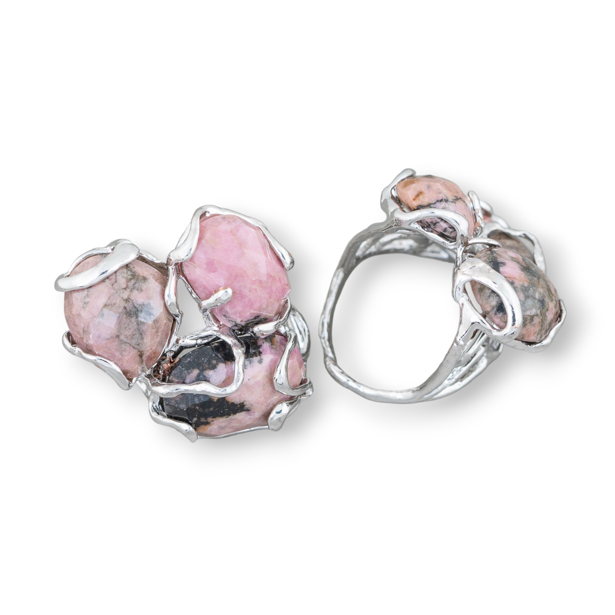 Anello Di Bronzo Collezione AURORA 32x36mm Con Pietre Dure Misura Regolabile Rodiato Rodonite