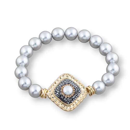 Bracelet élastique avec perles de Majorque 10mm et Marcassite centrale MOD5