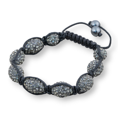 Shamballa Bracelet With Oval Rhinestones 11x16mm Dark Grey