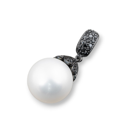 Pendentif en argent 925 avec perles blanches de Majorque et zircons noirs 16x35mm