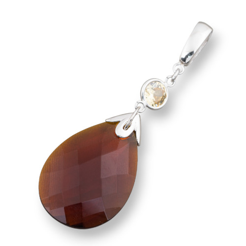 Pendant Of 925 Silver With Yellow Zircons And Brown Drop 25x70mm