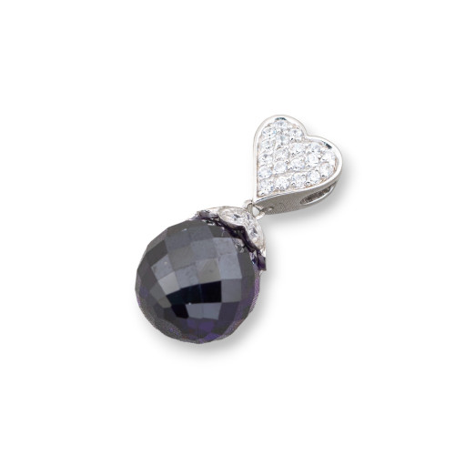 925 Silver Heart Pendant With Zircons And Faceted Sphere 12x26mm
