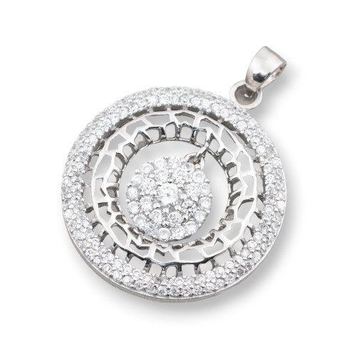 Pendentif Rond en Argent 925 Avec Zircons 28x36mm