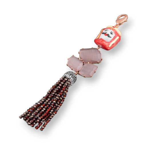 Central Pendant Of Caltagirone Ceramic And Bronze With Cat's Eye And Crystal 32x170mm Rose Gold MOD5