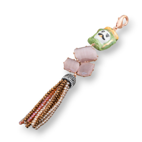 Central Pendant Of Caltagirone Ceramic And Bronze With Cat's Eye And Crystal 32x170mm Rose Gold MOD9