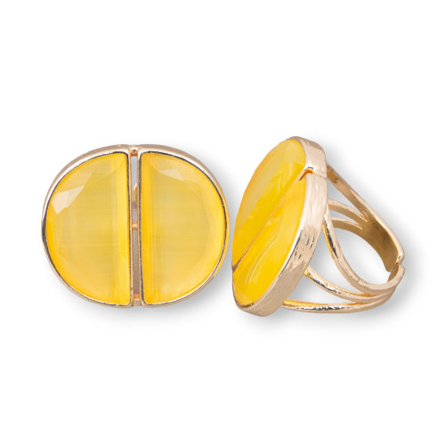 Χάλκινο δαχτυλίδι με γατίσιο μάτι διπλό μισοφέγγαρο 25x28mm Ρυθμιζόμενο μέγεθος κίτρινο