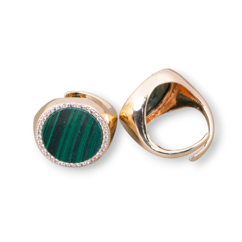 Bronze Ring With Natural Stone Plate With Zircons 20mm Adjustable Size Malachite