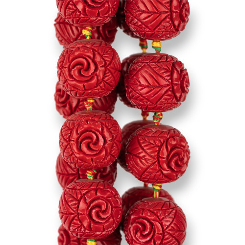 Engraved Sphere Resin Beads 23mm 14pcs Red Flower