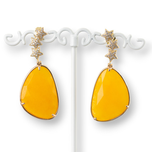 Boucles D'oreilles Puces Bronze 3 Étoiles Avec Zircons Et Cabochon Pierre De Mangue 22x52mm Jaune