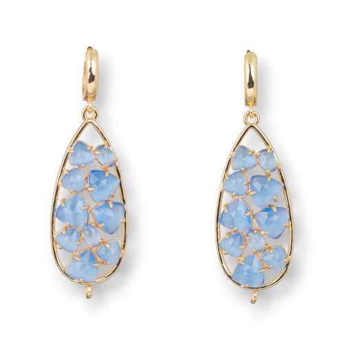 Bronze Stud Earrings With 19x60mm Cat's Eye Drop Cabochon Blue