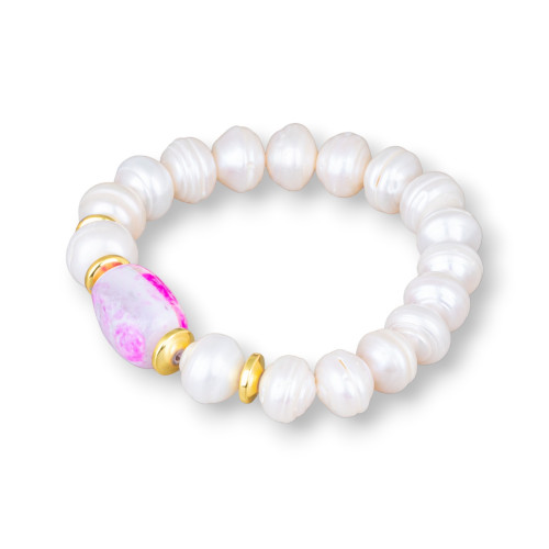 Bracciale Elastico Di Perle Di Fiume Cipollina 10,0-10,5mm Con Ematite E Centrale Barilotto Di Agata Dorato Fucsia