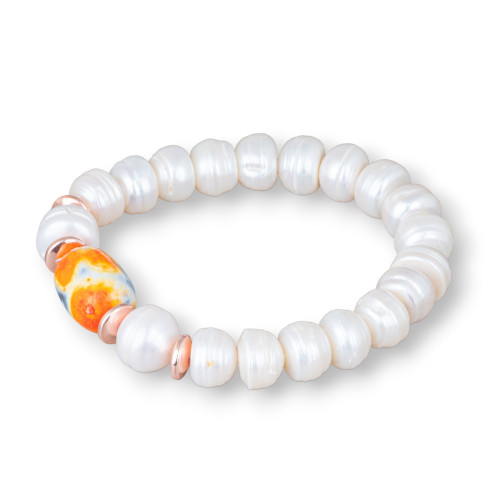 Bracelet élastique de perles de rivière Cipollina 10,0-10,5 mm avec baril d'hématite et d'agate centrale or rose orange