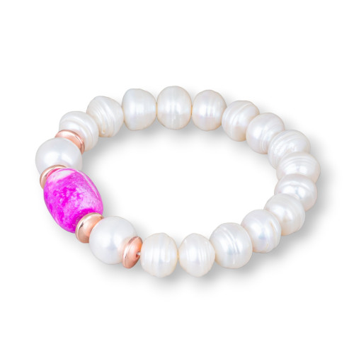 Bracciale Elastico Di Perle Di Fiume Cipollina 10,0-10,5mm Con Ematite E Centrale Barilotto Di Agata Oro Rosa Fucsia