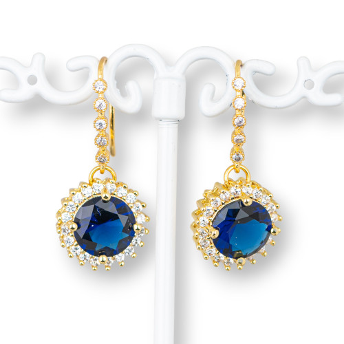 Pendientes De Bronce Con Circonitas Y Cabujón De Bronce 13x28mm Azul Dorado
