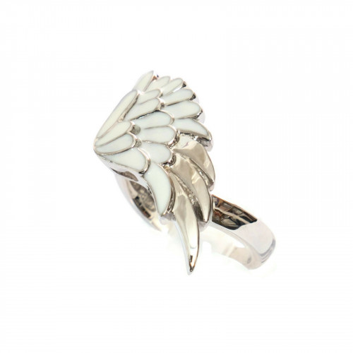 925 Silver Ring Enamelled Wing 12x23mm White