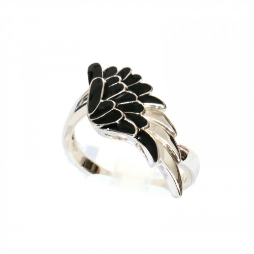 925 Silver Ring Enamelled Wing 12x23mm Black