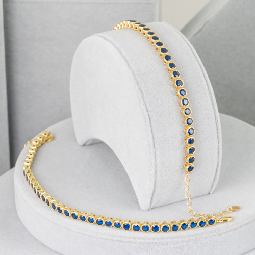 925 Silver Tennis Bracelet with Round Zircon Flower Chain 2.5mm Length 16.4cm Golden Color Sapphire Blue