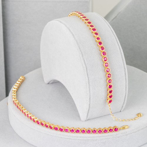 925 Silver Tennis Bracelet with Round Zircon Flower Chain 2.5mm Length 16.4cm Golden Red Ruby Color