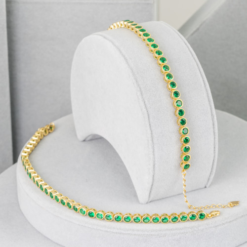 925 Silver Tennis Bracelet with Round Zircon Flower Chain 2.5mm Length 16.4cm Golden Color Emerald Green