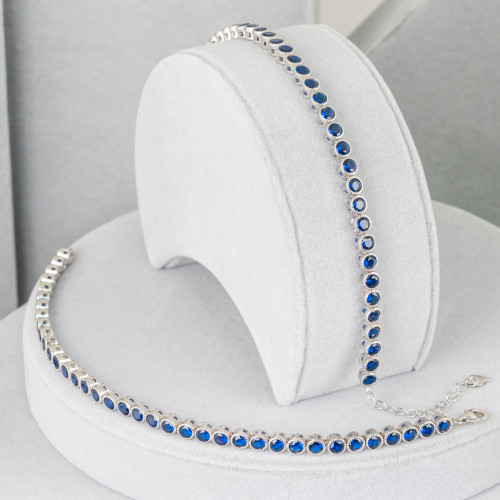 925 Silver Tennis Bracelet with Round Zircon Flower Chain 3.5mm Length 16.4cm Rhodium-plated Color Sapphire Blue