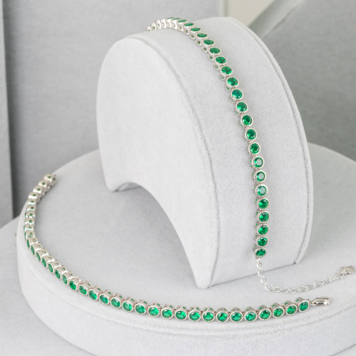 925 Silver Tennis Bracelet with Round Zircon Flower Chain 3mm Length 16 4cm Emerald Green Rhodium Color