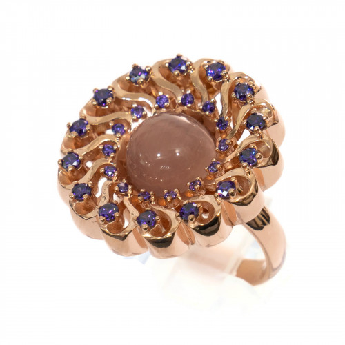 925 Silver Ring With Blue Zircons And Cat's Eye, Rose Gold Galvanic 26x28mm Adjustable Size