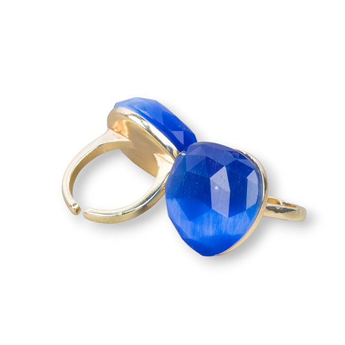 Anillo De Bronce Con Ojo De Gato Corazón Facetado 23mm Tamaño Ajustable Azul