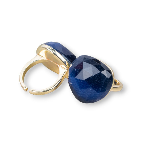 Bronze Ring With Cat's Eye Faceted Heart 23mm Adjustable Size Blue Sapphire