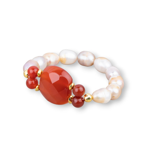 Elastic Bracelet Of Freshwater Pearls 10-11mm With Hematite And Central Carnelian