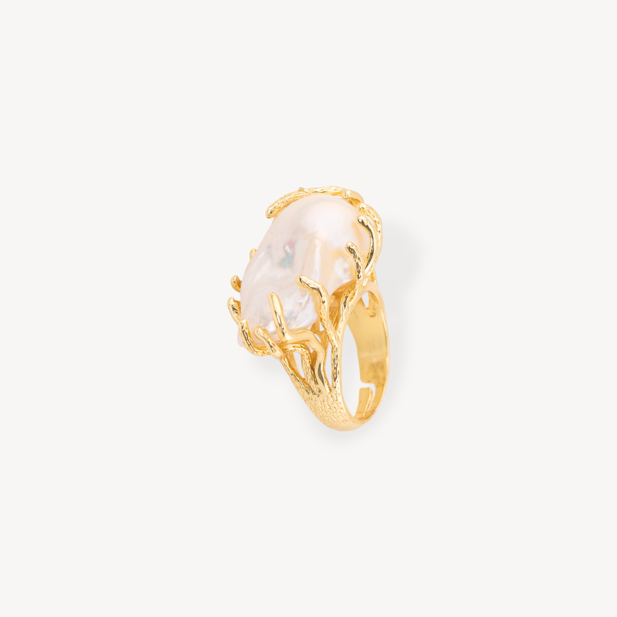 Anello Di Bronzo Con Perle Di Fiume Barocche Misura Regolabile 20-34mm Dorato