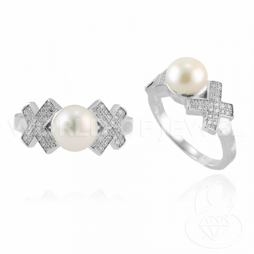 925 Silver Ring With Zircons Set And Rhodium-Plated White River Pearls Size 6