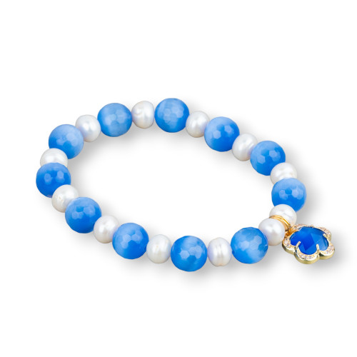 Elastic Bracelet Of 7mm Freshwater Pearls With Cat's Eye And Cabochon Pendant With Light Blue Zircons
