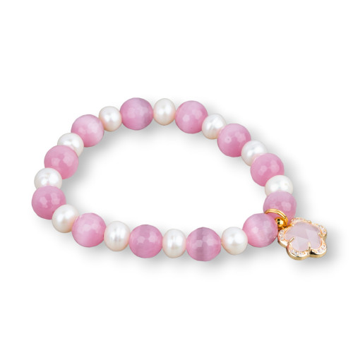 Elastic Bracelet Of 7mm Freshwater Pearls With Cat's Eye And Cabochon Pendant With Pink Zircons