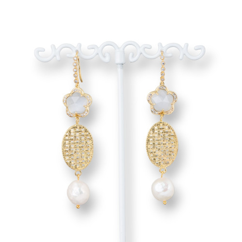 Boucles d'oreilles en bronze avec zircons avec yeux de chat et ovale en bronze avec perles de rivière 15x70mm gris