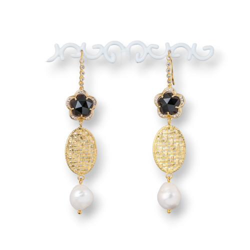 Bronze Earrings With Zircons With Cat's Eyes And Bronze Oval With River Pearls 15x70mm Black