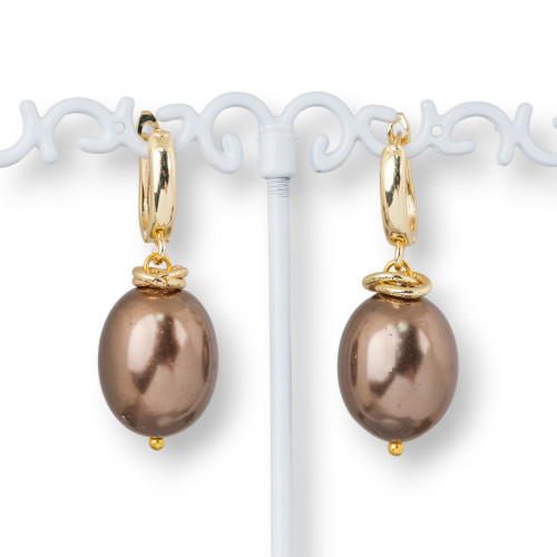 Boucles d'oreilles crochet fermé en bronze avec pendentif perle de Majorque 15x40mm marron