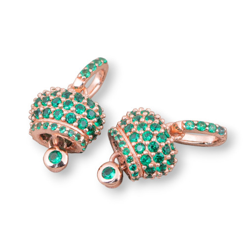 Pendant Component Of 925 Silver Bells Calling Angels With Pavè Zircons 10x20mm 4pcs Rose Gold Green