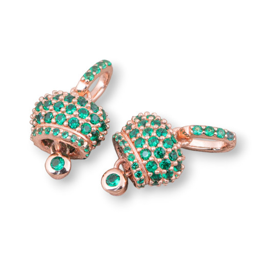 Κρεμαστό Εξάρτημα 925 Silver Bells Calling Angels With Pavè Zircons 10x20mm 4τμχ Rose Gold Green