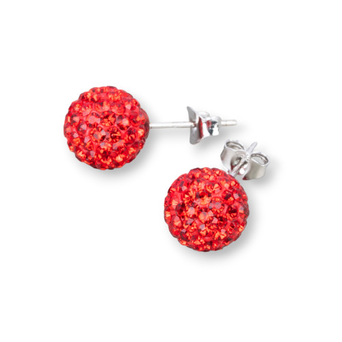 Orecchini Di Argento 925 E Palline Crystal Con Strass 10mm 1 Paio Rosso