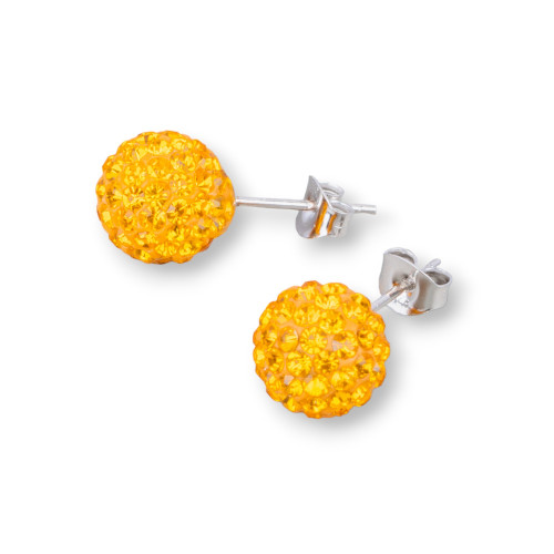 Orecchini Di Argento 925 E Palline Crystal Con Strass 8mm 1 Paio Arancio