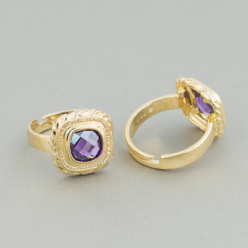 925 Silver Ring Design Italy With Gold Plated Heat-diffused Amethyst 15mm Adjustable Size