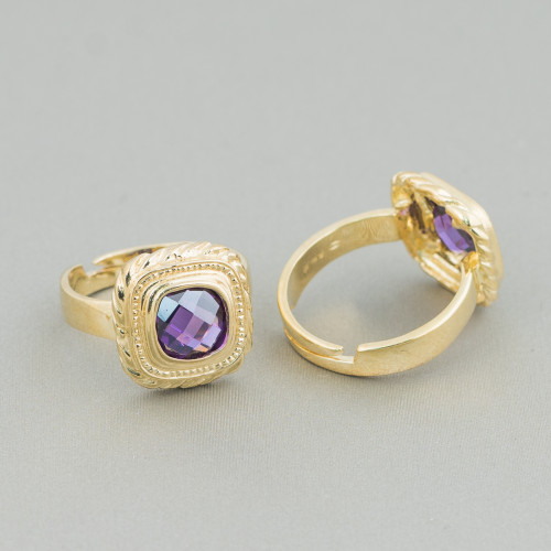 Ring aus 925er Silber, Design Italien, mit vergoldetem, wärmediffundiertem Amethyst, 15 mm, verstellbare Größe