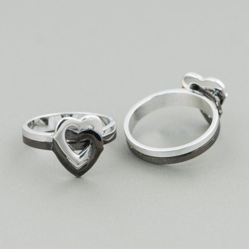925 Silver Ring Design Italy With Rhodium-Plated Double Heart
