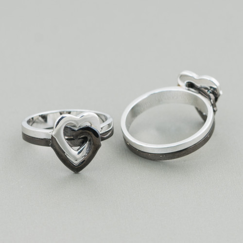 Anello Di Argento 925 Design Italy Con Doppio Cuore Rodiato