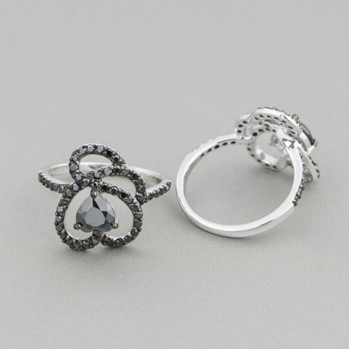 Ring aus 925er Silber, Design Italien, mit Fantasie-Zirkonen in Schwarz, 17 mm, rhodiniert