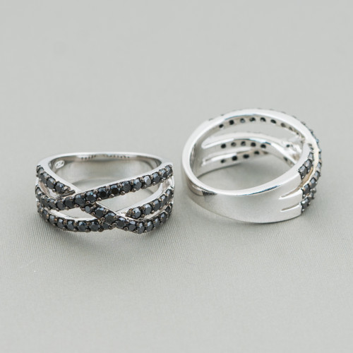 Ring aus 925er Silber, Design Italien, mit Fantasie-Zirkonen in Schwarz, Breite 10 mm, rhodiniert