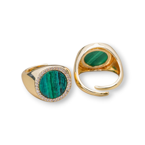 Bronze Ring With Natural Stone Plate With Zircons 16mm Adjustable Size Malachite
