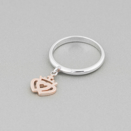 925 Silver Ring Design Italy Band With Rose Gold Double Heart Pendant